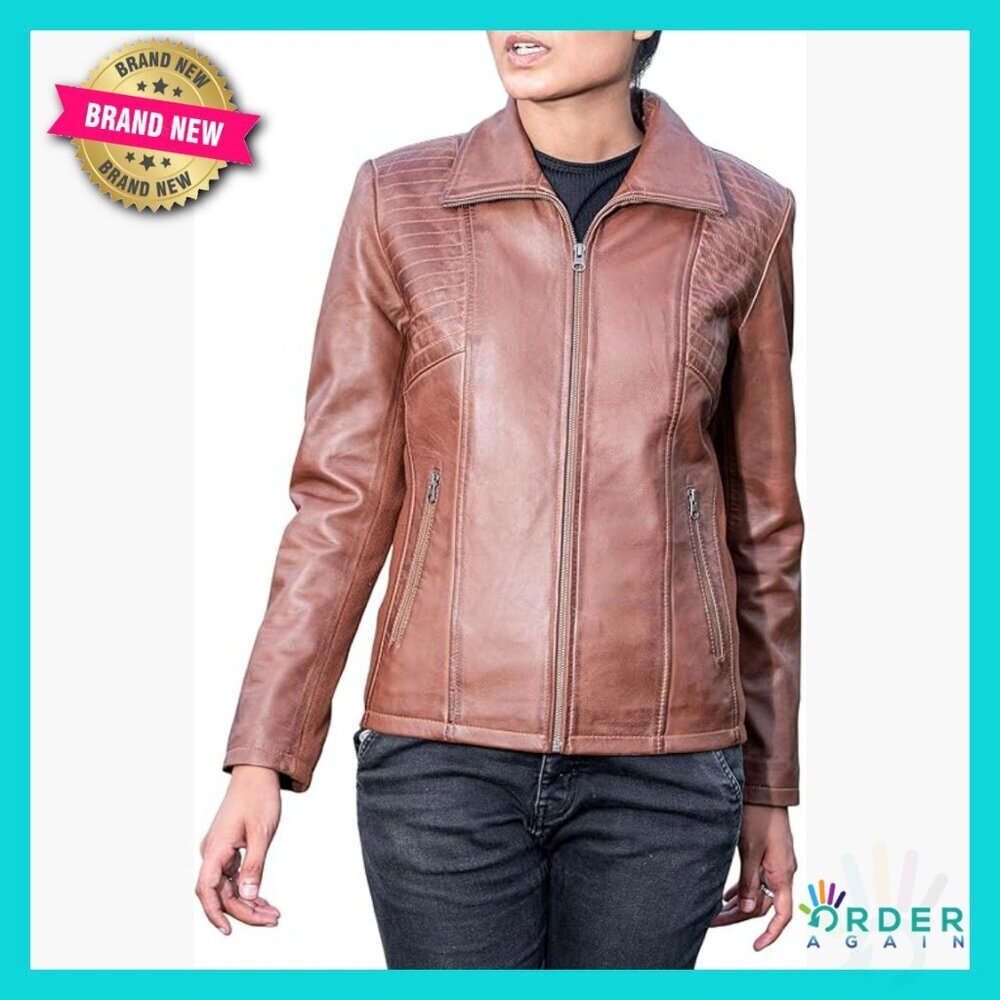 Genuine Leather Jacket Moto Biker Style Quilted Accents Zip Cuffs Chic